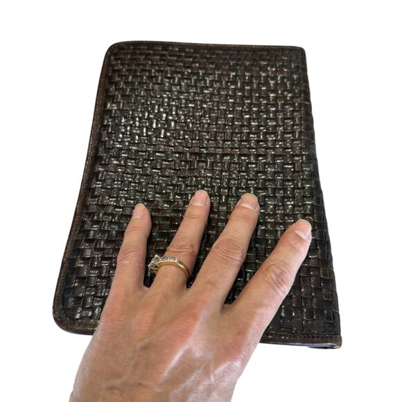 La Bagagerie Brown Woven Leather Envelope Clutch Handbag France Classic Chic - Picture 5 of 13